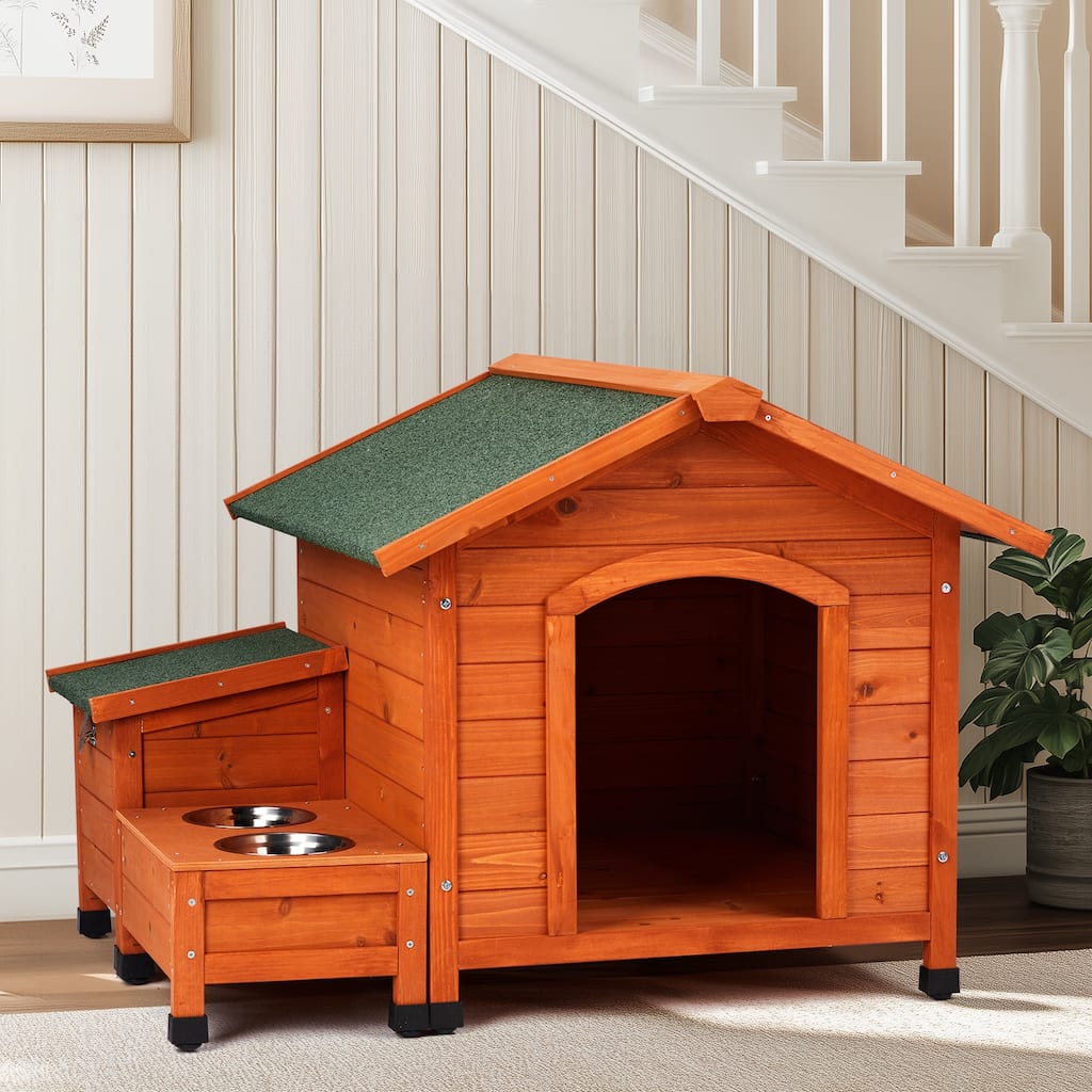 Durable Wooden Dog House for Outdoors & Indoors with Food Bowl and Storage Bucket