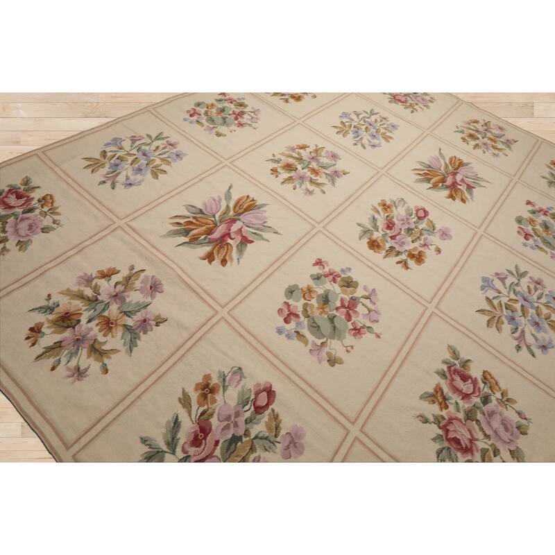 8x10'7'' Hand Woven Wool Ivory French Aubusson Needlepoint Area Rug - 8' x 10' 7''