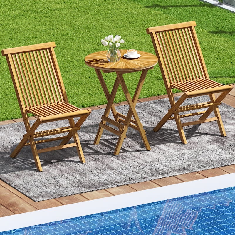 Gymax Patio Folding Side Table 23.5'' Teak Wood Round End Table Fully