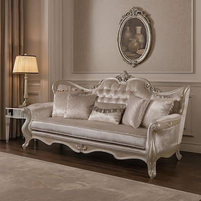 Kerra Sofa with Accent Pillows, Beige Fleur De Lis Velveteen 97 Inch