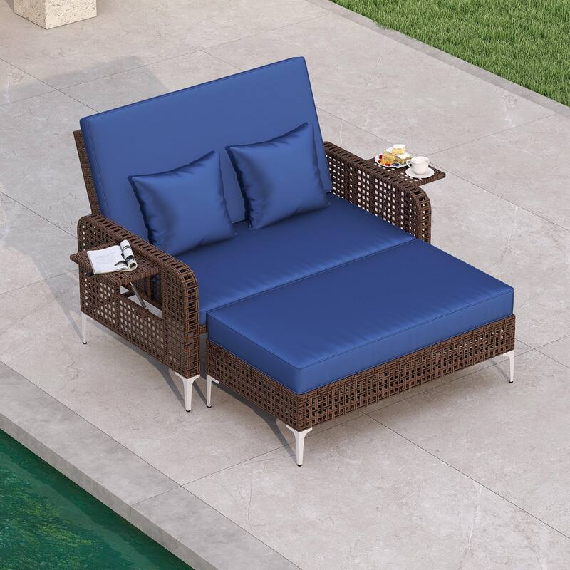 Costway 2 PCS Wicker Loveseat & Storage Ottoman with 4-Level Backrest