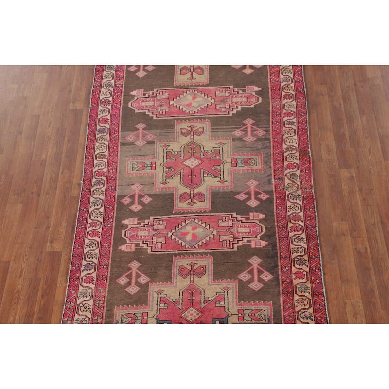 Pink & Brown Meshkin Persian Vintage Runner Rug Handmade Wool Carpet - 4'5"x 10'2"