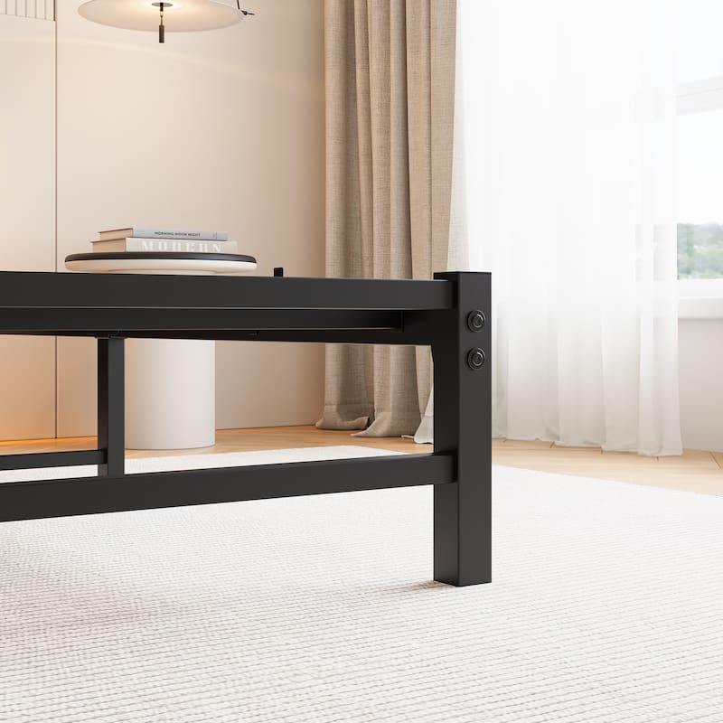 Full Size Metal Platform Bed with Wood Headboard, RGB Lights, Charger