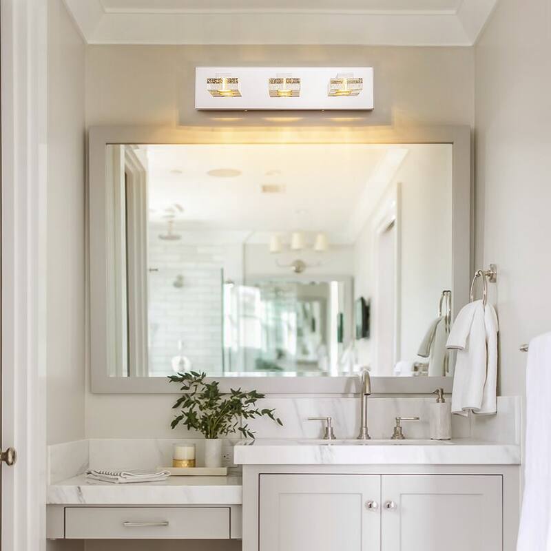 3-Light Modern Chrome Crystal Wall Light Square Integrated LED 3000K Bathroom Vanity Light