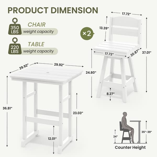 dimension image slide 3 of 5, 3-Piece HDPE Counter Height Bar Set with 2 24.8'' Height Swivel Bar Stools and 29.92'' W Square Bar Table,Pub table sets of 3