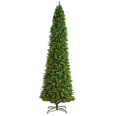 12ft. Slim Pine Artificial Christmas Tree with 1100 Clear LED Lights & 3235 Tips - Grand Seasonal Holiday X-Mas Display