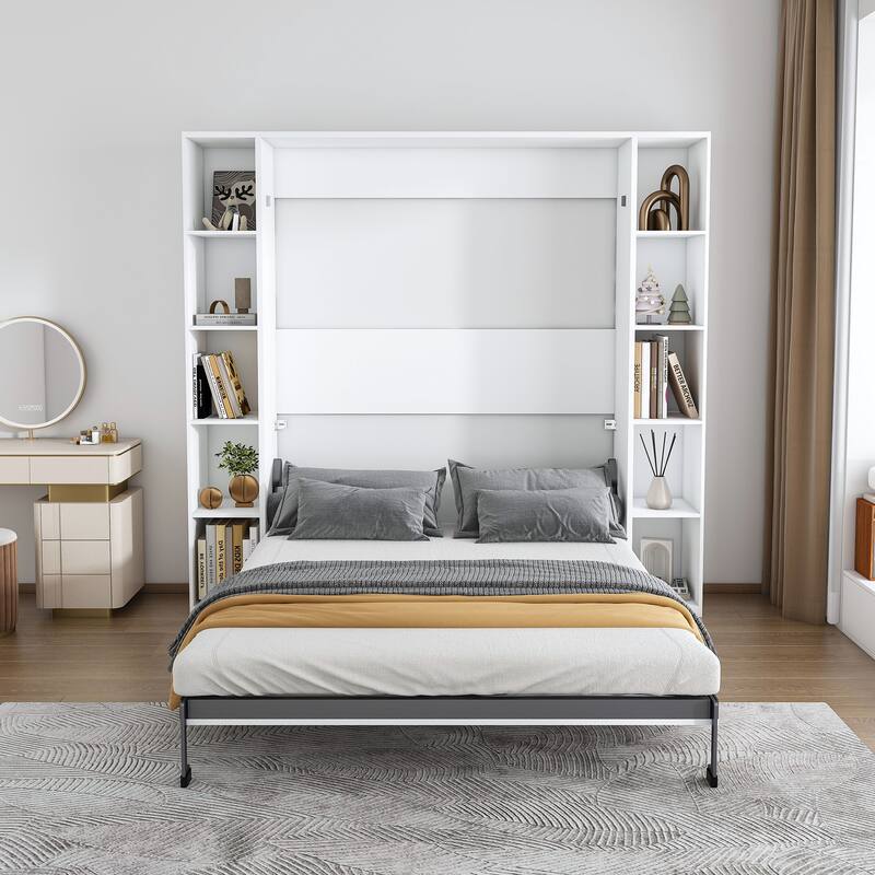 Queen Murphy Bed with Storage Cabinet, 89.7 Inch Foldable Wall Bed with Hardware Frame & Solid Wood Slats for Bedrooms