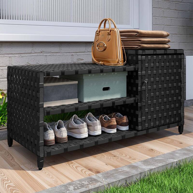 Rattan Wicker Outdoor Patio Pool Storage Bin Cabinet w/ Shoe Rack - Black