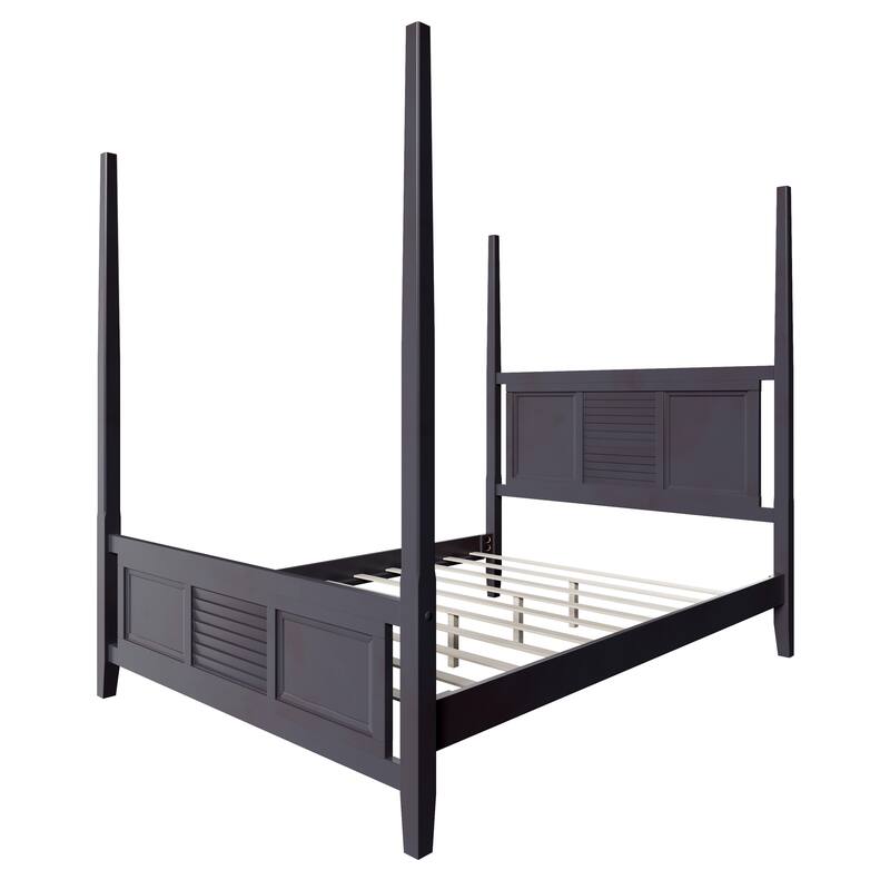 Elegant White Queen Four Poster Bed with Solid Pine Wood, 75" Height and Horizontal Grille Design