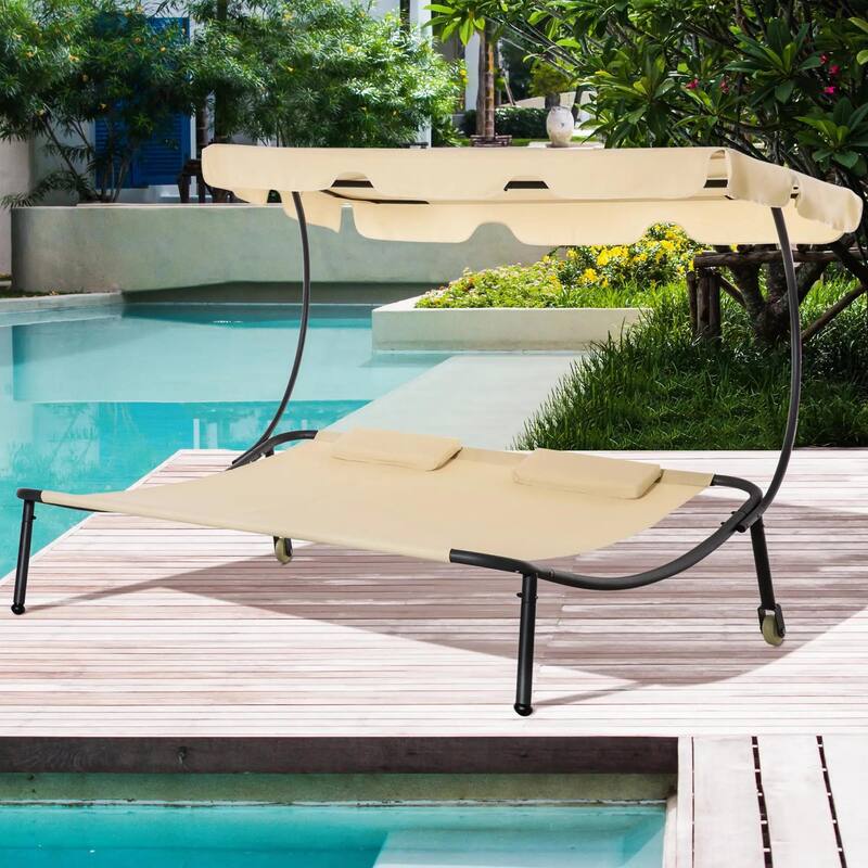 Double Chaise Lounge, Outdoor Daybed, Adjustable Canopy, Wheels,Pillow