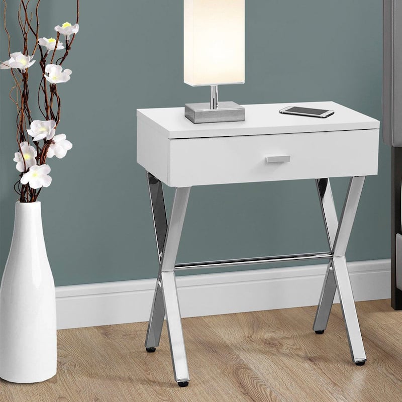 Stylish 22" End Table with Storage Drawer and Silver Metal Base Wood Top Perfect for Bedroom or Living Room