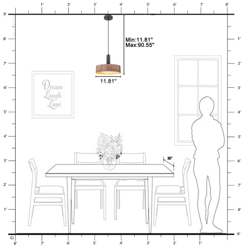 Modern Matte Black Pendant Light with Wood Shade Kitchen Fixture - Dia.12-in