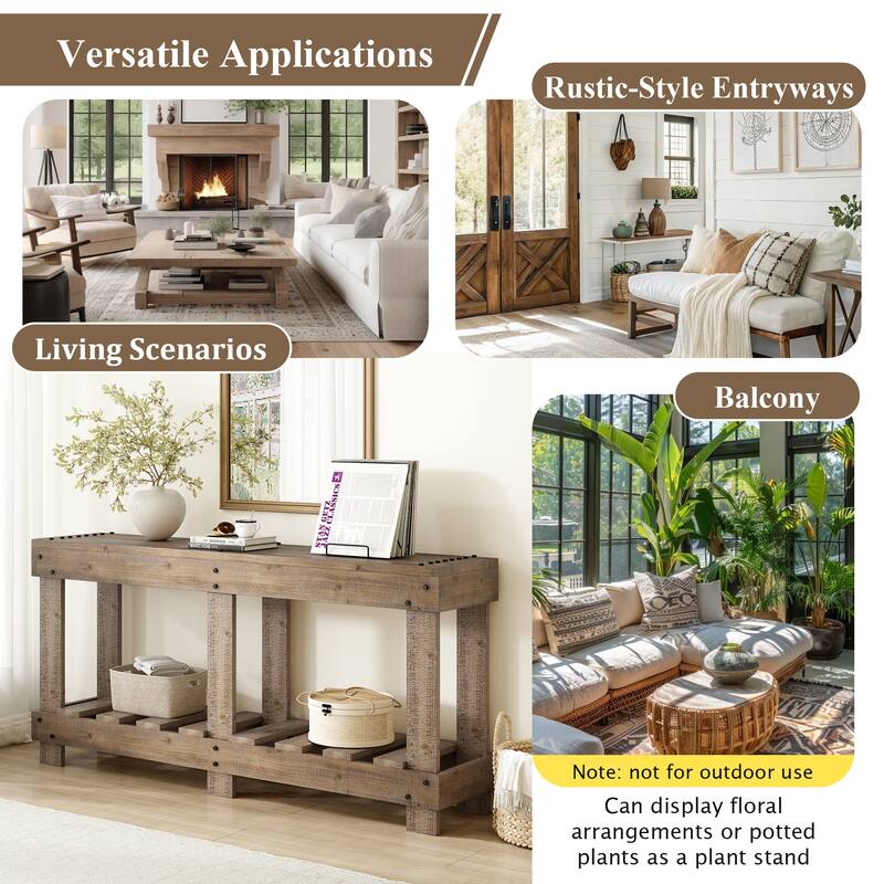 62.9" Vintage Entryway Table, Fir Solid Wood Console Table Sofa Table with Shelf, 6 Reinforced Legs and 4.5" Thick Desktop