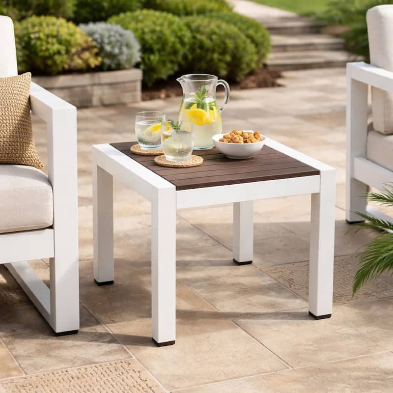 Josh 18 Inch Side End Table, Smooth Gray Polyresin Planks, Aluminum Frame