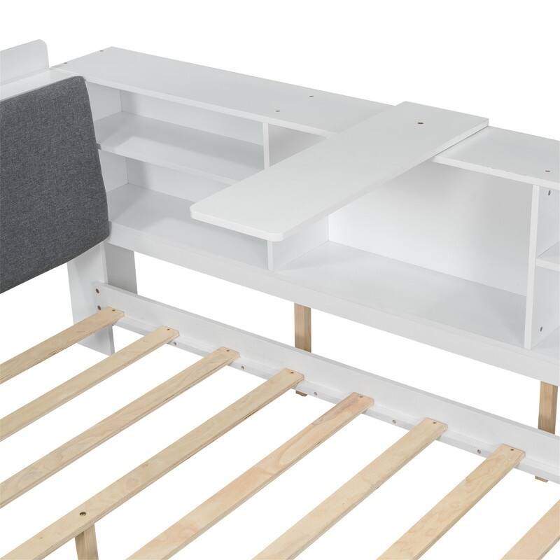 Wood Twin/Full Size Platform Bed w/ L-Shaped Storage Bookcase Headboard, Versatile Daybed w/2 Drawers & Rotatable Storage Board