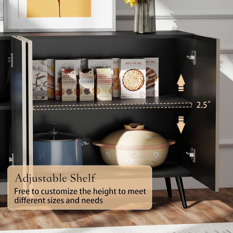 Storage Cabinet Buffet Sideboard with 4 Fluted Doors, Wood Accent Entryway Table with Adjustable Shelves