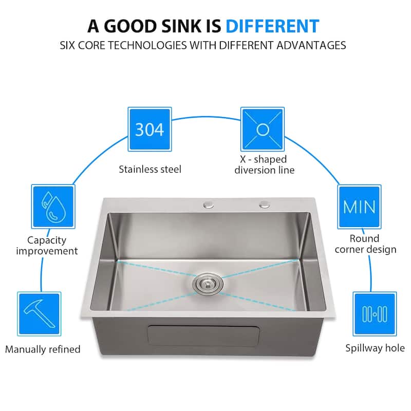 DORNBERG 30 inch 2-Hole Single Bowl Drop-In Kitchen Sinks Stainless Steel