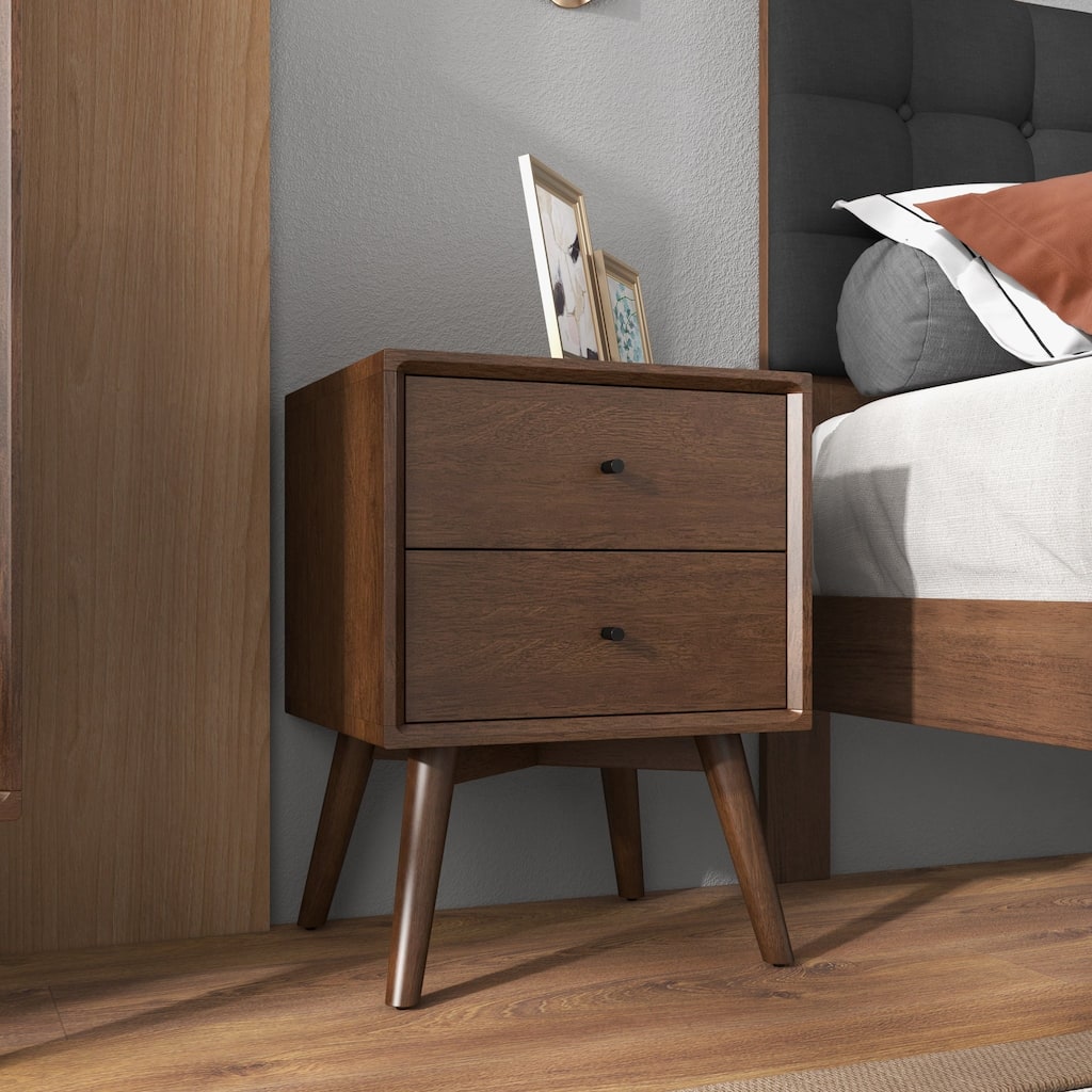 GDFStudio - Caroline Modern 2-Drawer Solid Wood Nightstand with Walnut Finish for Bedroom or Living Room