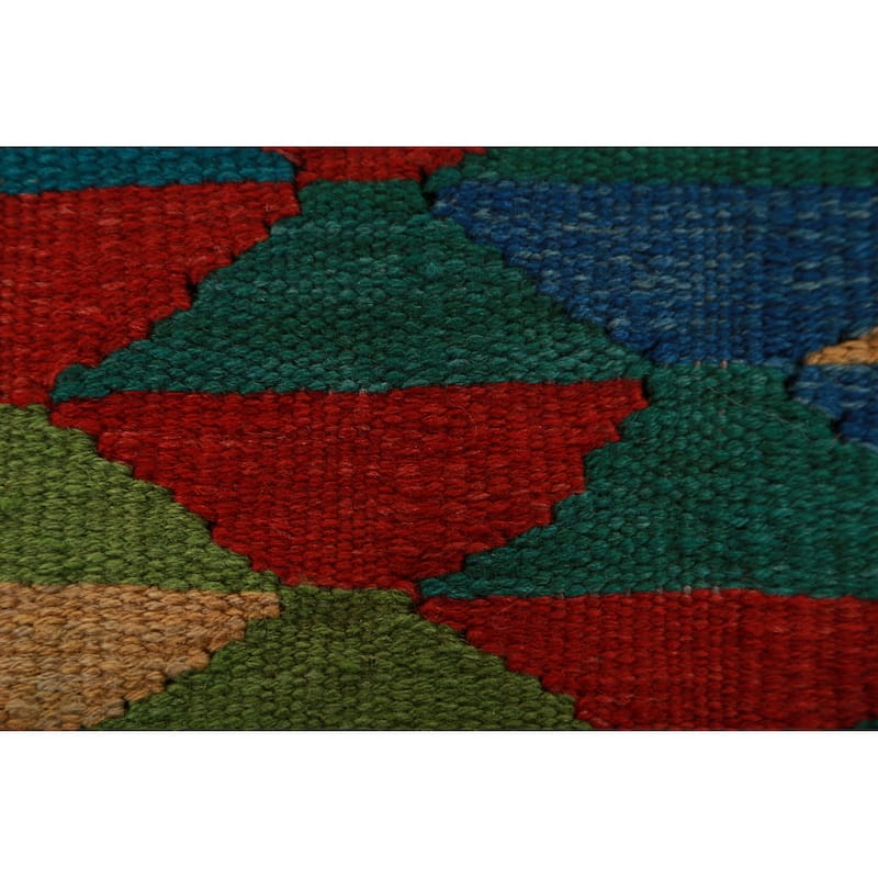 Hand Woven Oriental 100% Wool Carpet Southwestern Geometric Multi-Colored Kilim Runner Rug - 12' 8'' X 2' 8''