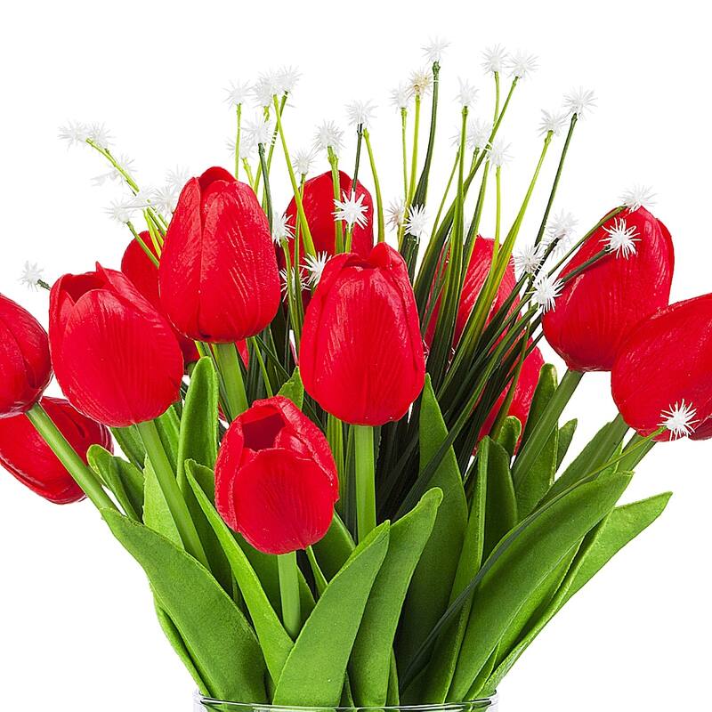 Enova Home Artificial Real Touch Tulips Flower and Star Grass in Clear Glass Vase With Faux Water For Home Office Decoration