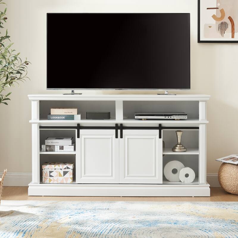 Media Console Table with Storage Cabinet, Mid Century Style Entertainment TV Table, Sliding Door TV Cabinet, Antique White.