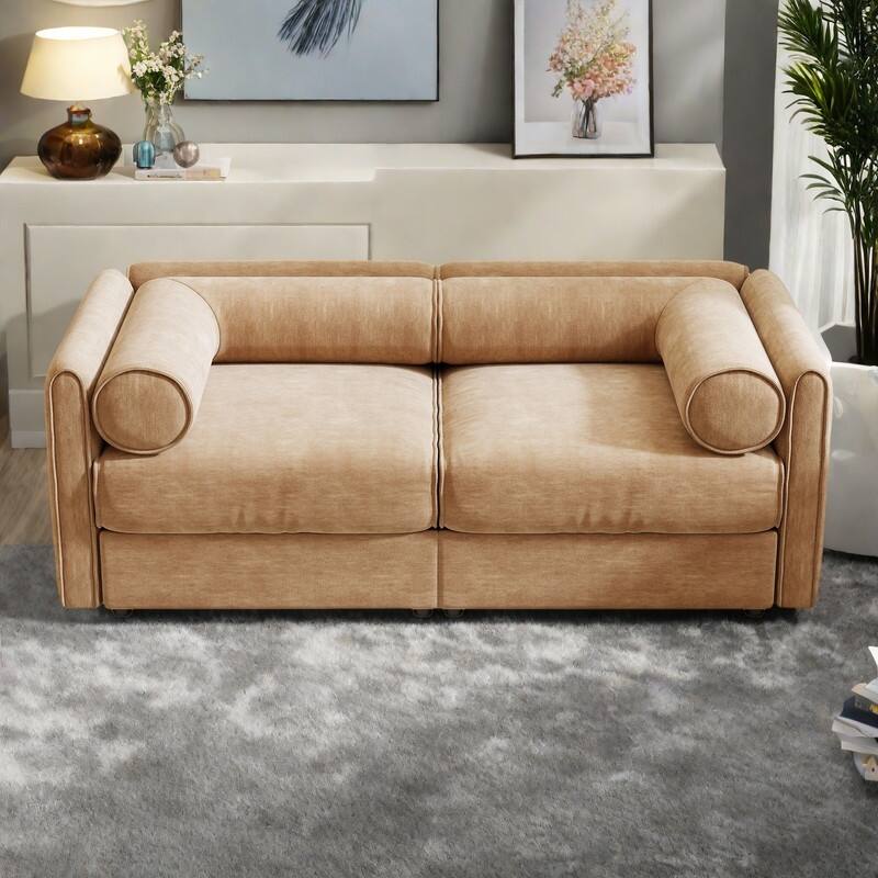 75.5" 2-Seat Chenille Loveseat Sofa with Storage Seat and Cylindrical Backrest - Camel