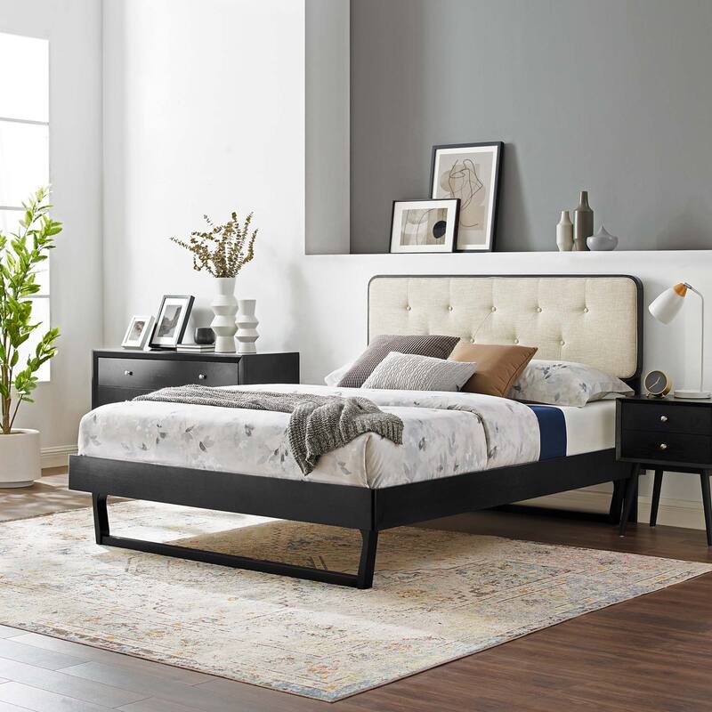 Bridgette Full Wood Platform Bed With Angular Frame - Black Beige