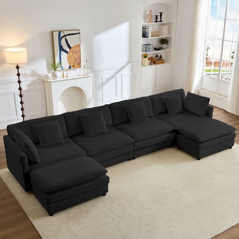 Mixoy 148''Oversized Modular Sectional Sofa, U-Shaped 6-Seater Corduroy Upholstered Deep Seat Sofa with 2 Movable Ottomans - 4+2