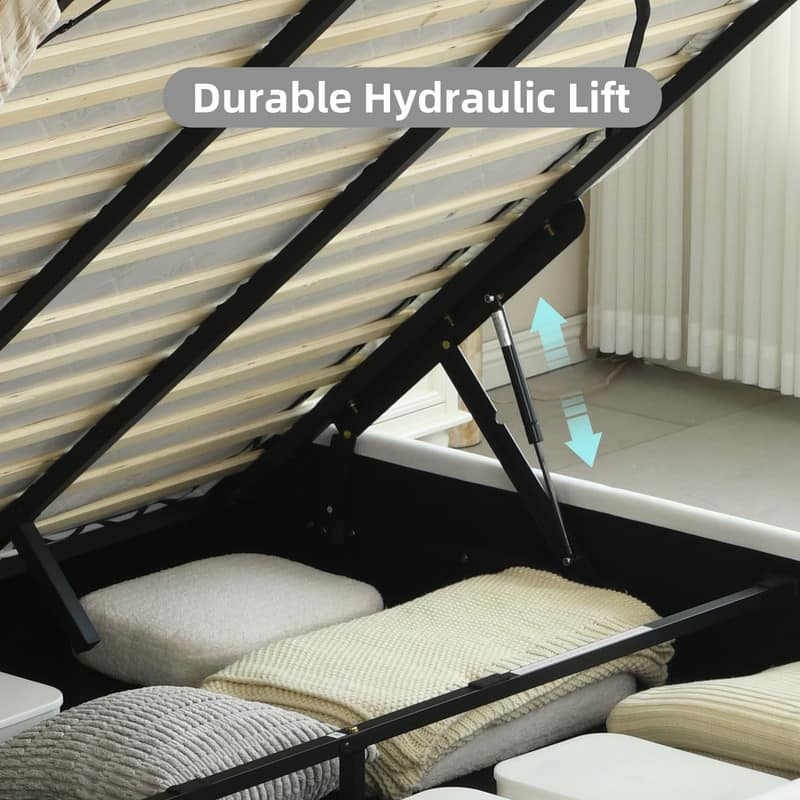 Plywood Frame Upholstered Platform Bed with Lift-up Storage Supported by Metal and Wooden Slats