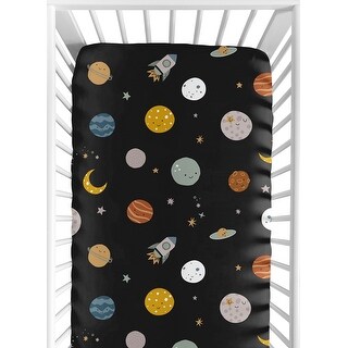 Sweet Jojo Designs Black Space Themed Boy Fitted Crib Sheet -Moon & Stars, Whimsical, Outerspace, Galaxy Planets, Rockets, Moons