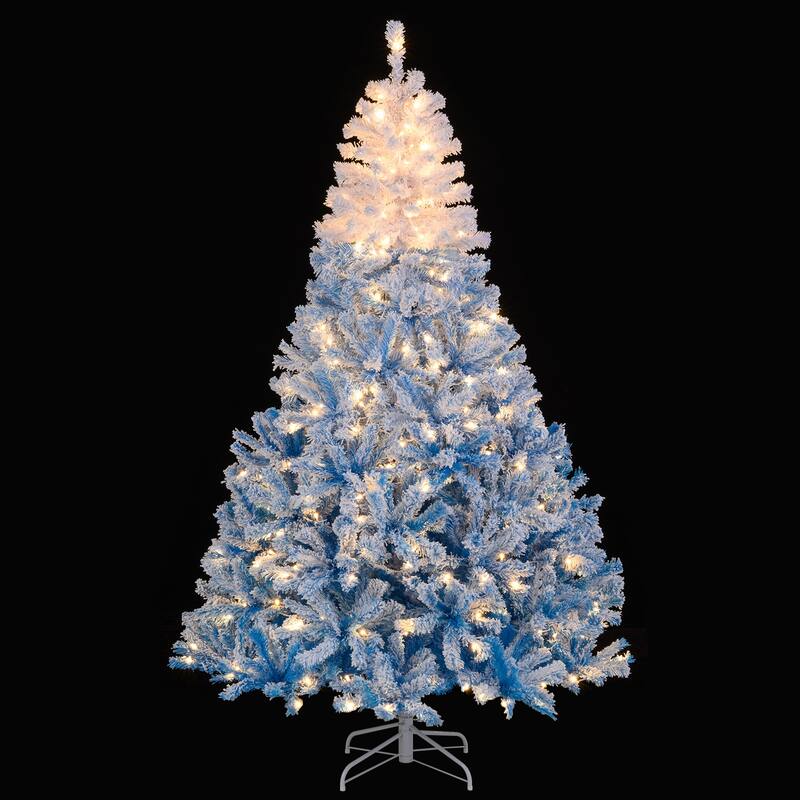 Gymax 5/6/7/8 FT Artificial Christmas Tree Hinged Snow Flocked Xmas - Blue, White