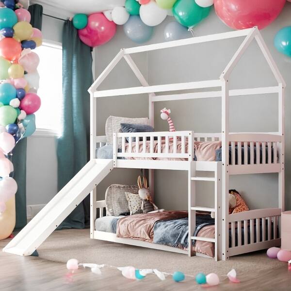 slide 2 of 14, Twin Over Twin Bunk Bed with Slide, House Bed with Slide,Maximized Space Saving White