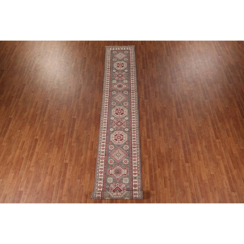 Gray Geometric Kazak Oriental Runner Rug Handmade Wool Carpet - 2'8" x 16'4"