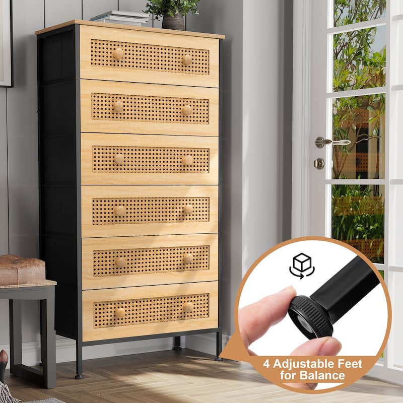 6-Drawer Chest Faux Rattan Fabric Drawers Dresser Storage Cabinet Bedroom Organizer