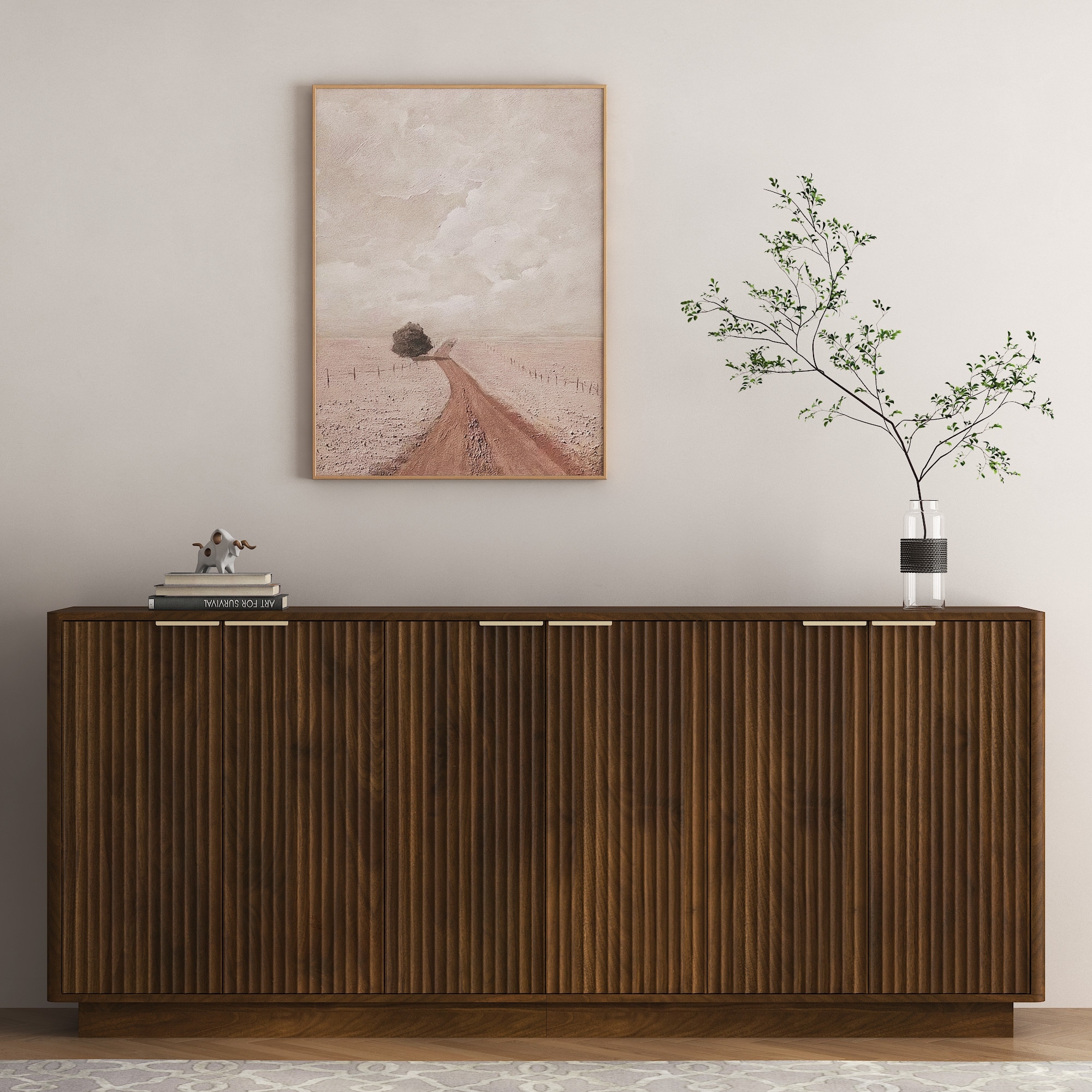 Wood Modern Fluted Sideboard Buffet Cabinet with Adjustable Shelves