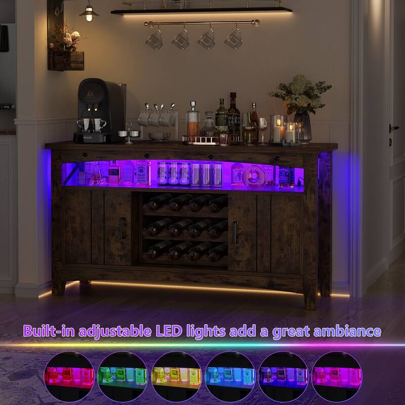 Farmhouse 47" Wine Bar Cabinet with Power Outlets & LED Lights, Industrial Coffee Bar Liquor Cabinet with Shelves & Wine Rack