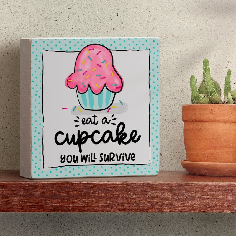 Wood Block Décor Message Eat A Cupcake Sign, 3.75 inches Square, Made in The USA - Multi-53
