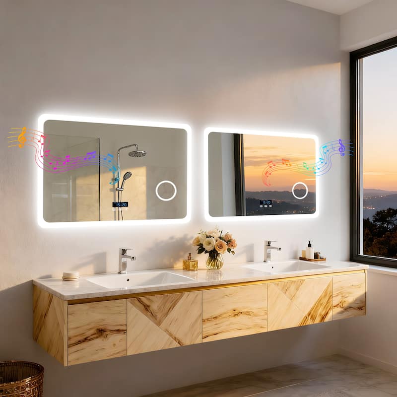 Smart LED Bathroom Mirror with Bluetooth Speaker, Anti-Fog Magnifying