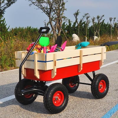 Outdoor Garden Cart, All Terrain Cargo Wagon Wood Railing Children - 39.37" x 19.3" x 20.28" (L x W x H)