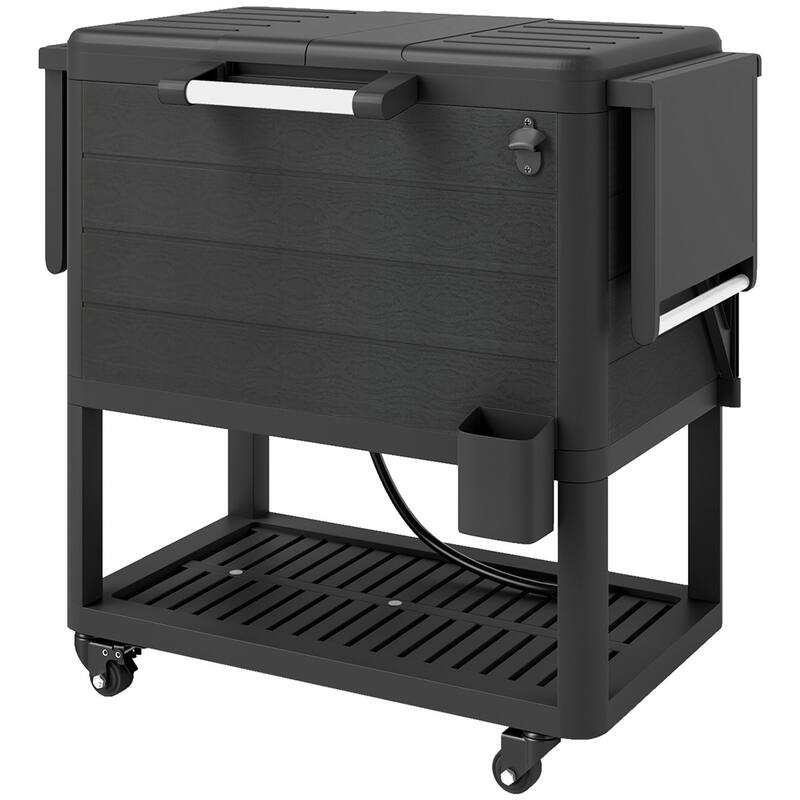 Patio Cooler Cart with Swivel Casters, Folding Lid, Bottle Opener, Towel Rack, Foldable Side Tables - 37" L x 22" W x 33.9" H - Black