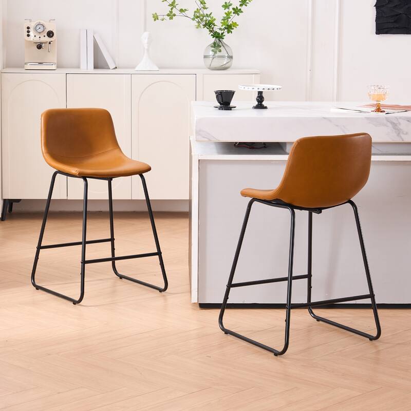 Bar Stools Set of 2, Faux Leather Counter Height Bar Stools with Back - Brown - Counter Height