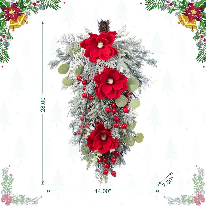 Glitzhome Christmas Red Mangnolia & Berry Wreath Garland Teardrop Hanging Decor