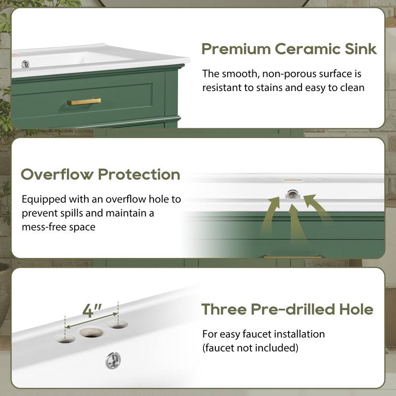 30-inch bathroom vanity with ceramic basin, soft close door and adjustable shelves