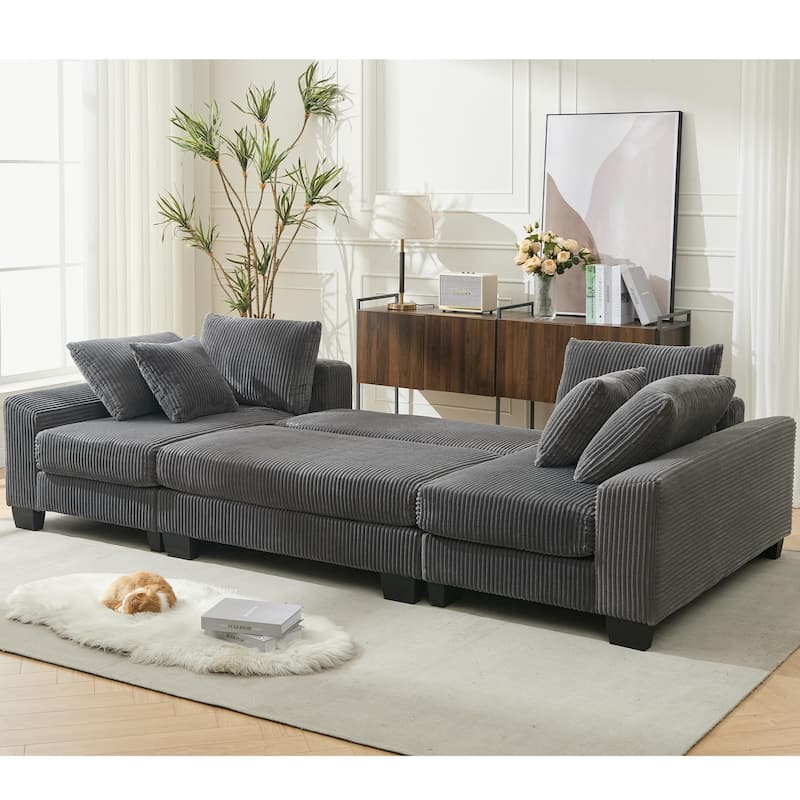 U Shaped Sofa Convertible Pull Out Sleeper Sofa Bed, 2 in 1 Recliner Sectional Couch, Corduroy Upholstery Daybed with Pillow