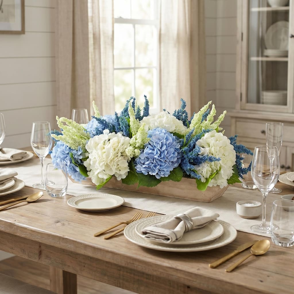 Hydrangea and Heather Centerpiece in Wood Planter