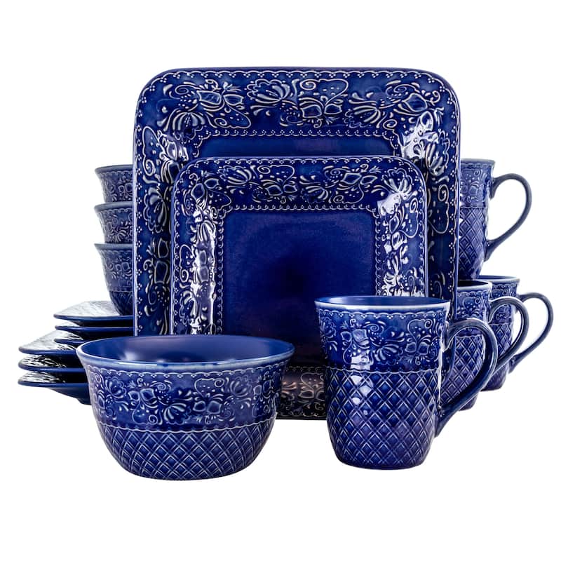 Elama Indigo Elegance 16 Piece Square Stoneware Dinnerware Set