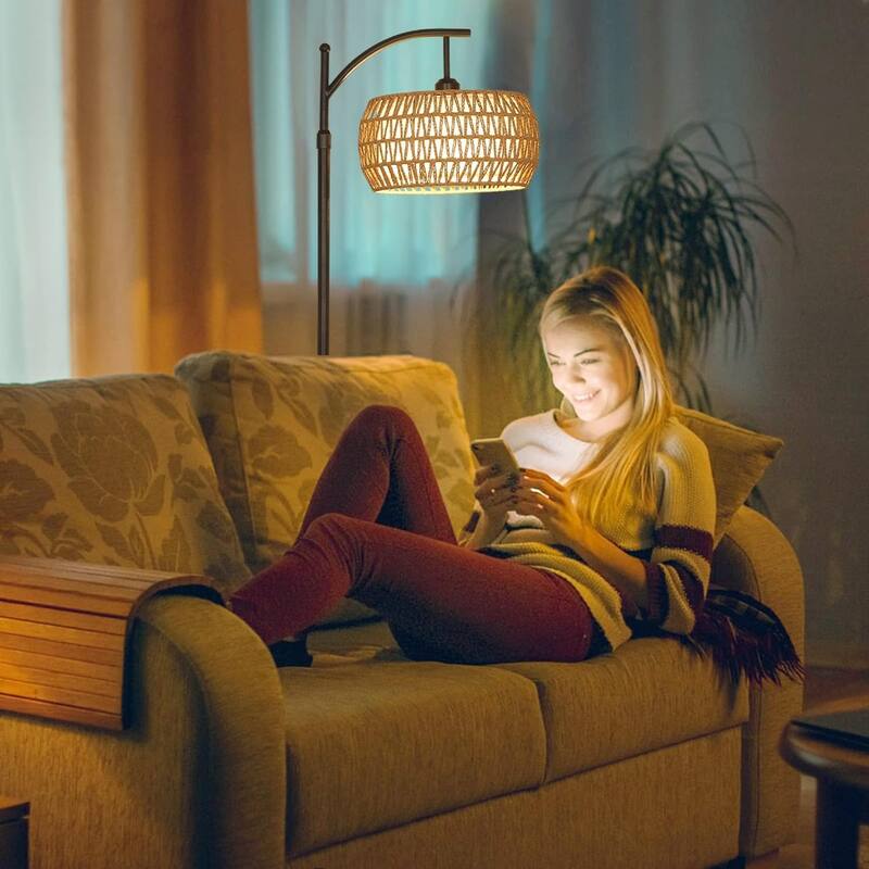 Arc Floor Lamp with Remote Control,Dimmable LED Lamp with 3 Color Temperature,Standing Lamp with Rattan & Fabric Drum Shade