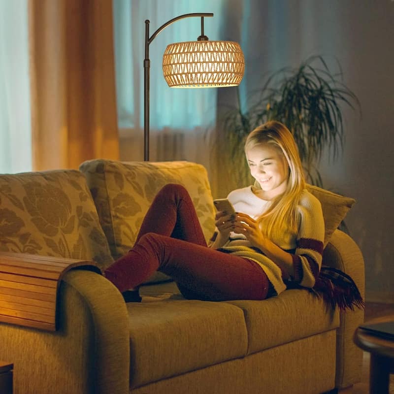 Floor Lamp with Remote Control,Dimmable LED Floor Lamp with 3 Color Temperature,Standing Lamp with Rattan Double Drum Shade