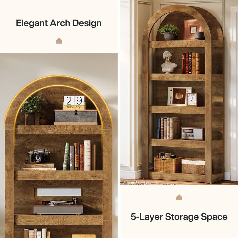 Arched Bookshelf, 71" Tall Bookcase Arch-Shaped Racks, Wooden Display Shelves for Living Room, Bedroom, Home Office