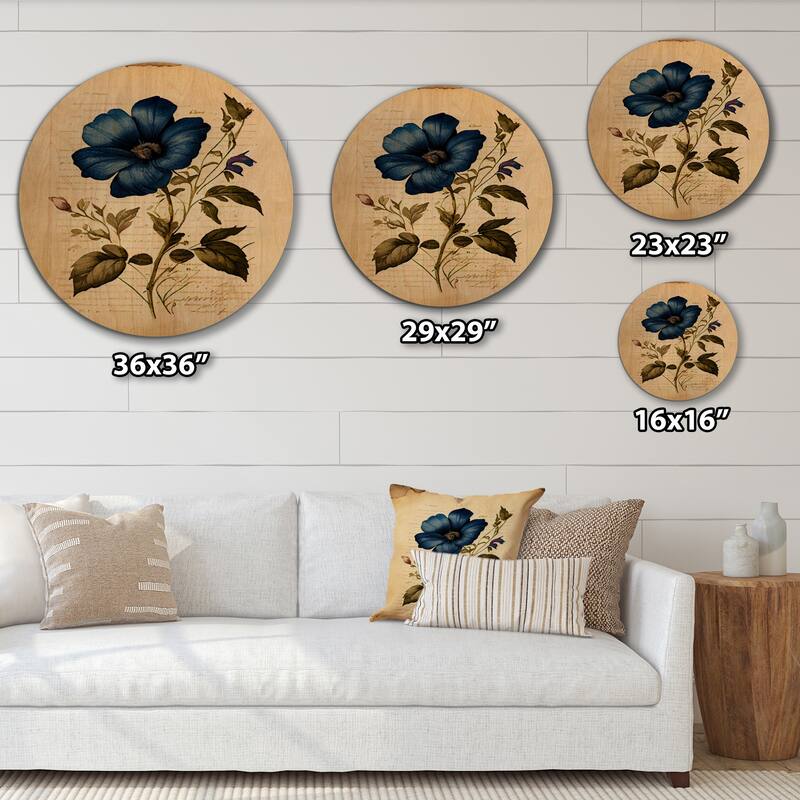 Designart "Blossoming Blue Retro Flower I" Floral Wood Wall Art - Natural Pine Wood